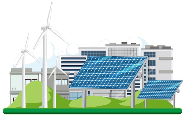 Зеленая энергия, генерируемая ветряными турбинами и солнечными батареями Premium векторы