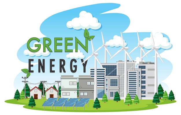 Бесплатное векторное изображение Зеленая энергия, генерируемая ветряными турбинами и солнечными батареями