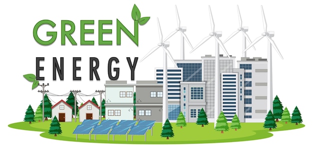 Free vector green energy generated by wind turbine and solar panel