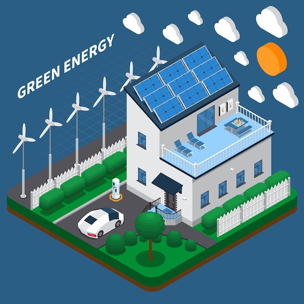 Производство зеленой энергии для бытового потребления изометрическая композиция с солнечными панелями на крыше и ветряными турбинами