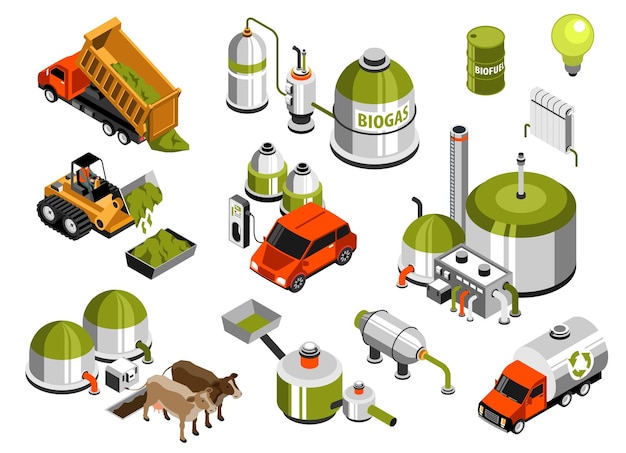 Free vector green energy production isometric icons set demonstrating equipment for converting biomass into biogas isolated vector illustration