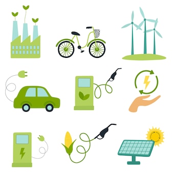 Green energy set windmills and solar panels eco fuel electric car flat vector illustration