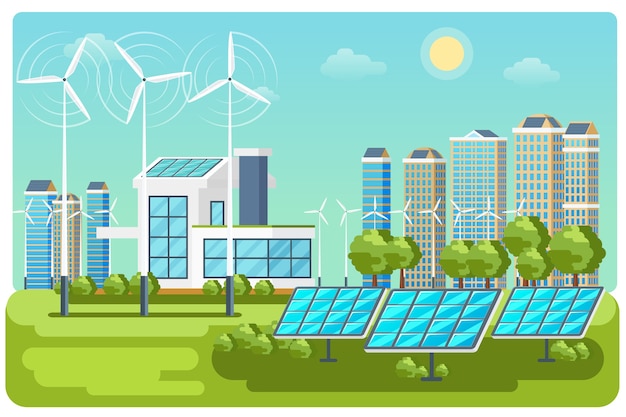 Free vector green energy urban landscape vector. ecology nature, eco house building. green energy eco city vector landscape illustration