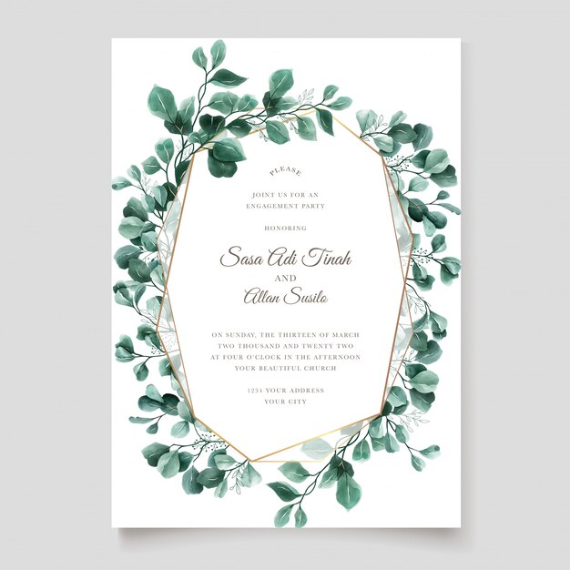 green eucalyptus wedding invitation card template