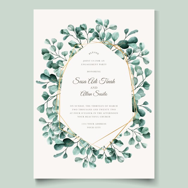 green eucalyptus wedding invitation card template