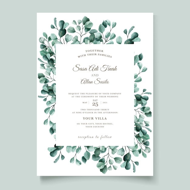 Green eucalyptus wedding invitation card template