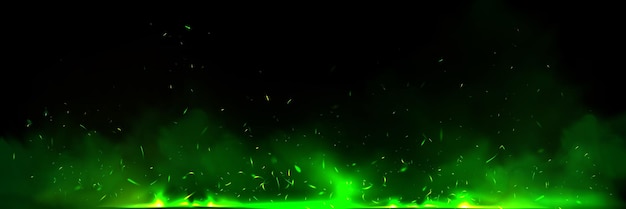 Free vector green fire effect overlay with ember and smoke realistic background flying spark light particle in flame panoramic texture neon festive witchcraft power with steam and blazing for wizard fireplace