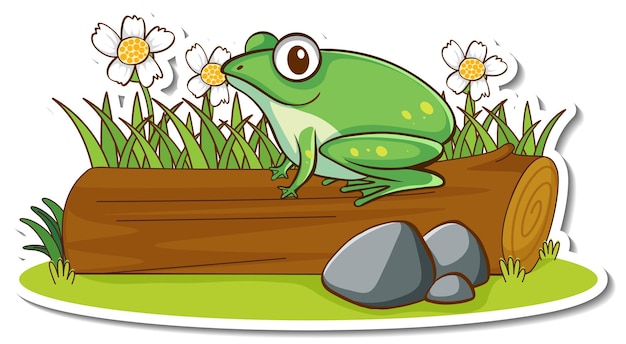 Free vector a green frog standing on a log sticker