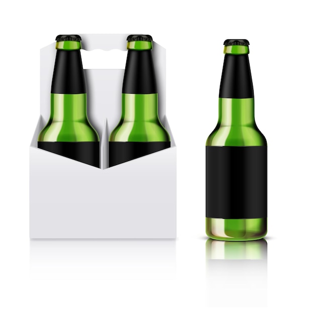 Green glass beer bottle and white pack cardboard box for four bottles with handle realistic composition vector illustration