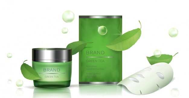 Free vector green glass jar and facial sheet mask