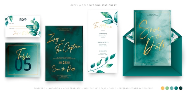 Green and gold wedding stationery template