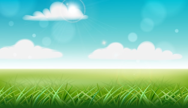 Green grass and blue sky with clouds