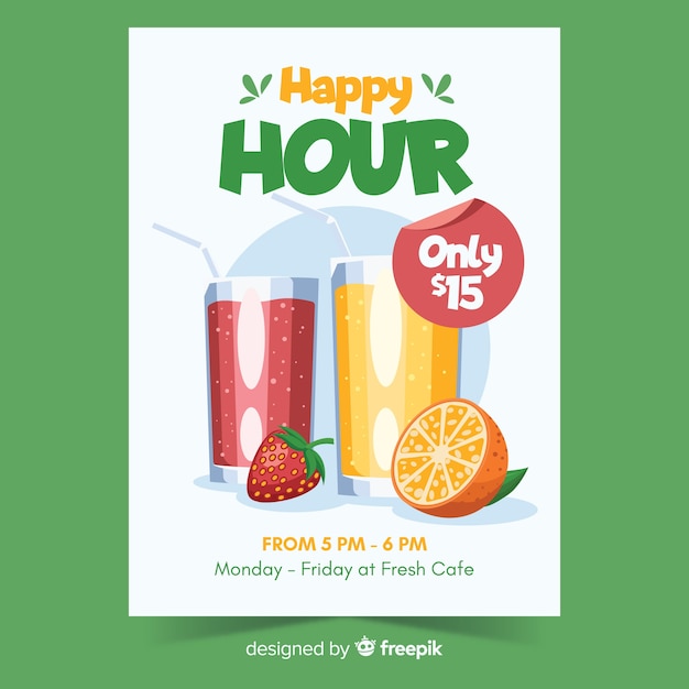 Green happy hour poster with drinks