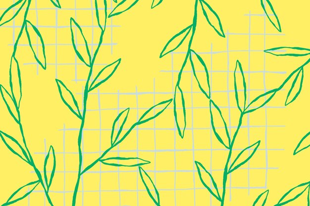 노란색 격자 배경에 녹색 잎 패턴 벡터