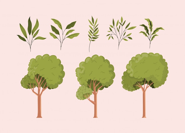 Green leafs and trees natural set icons