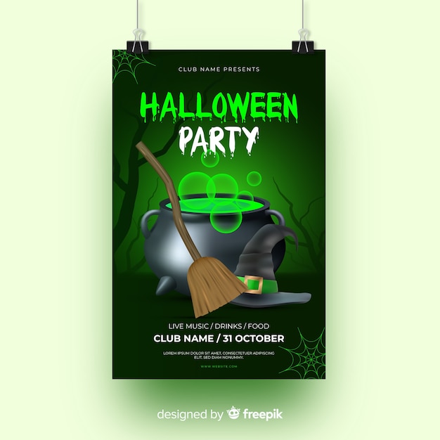 Free vector green light with witchcraft halloween party flyer