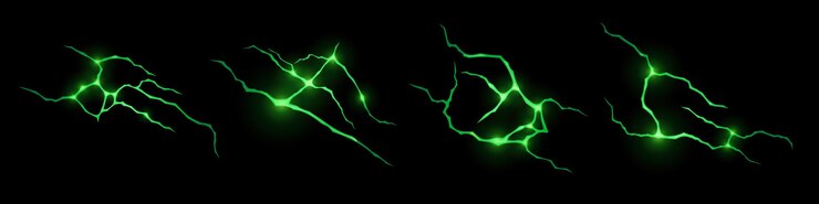 Free Vector green lightnings realistic set isolated on black