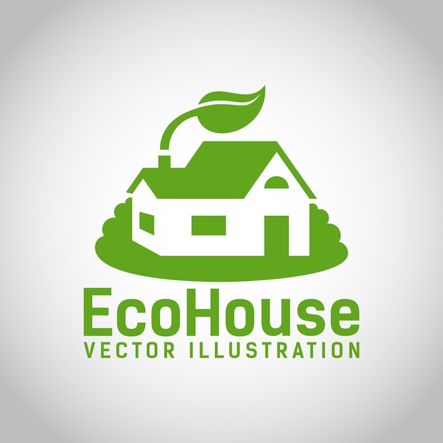 草に囲まれ、屋根の上に葉が付いたエコハウスまたはエコホームの緑色のロゴ環境への影響が少なく、環境に優しい構造