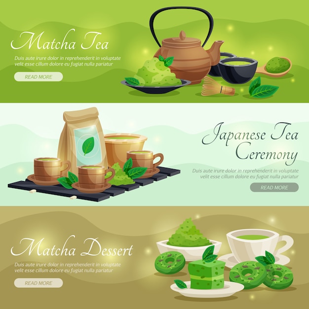 Green matcha tea horizontal banners