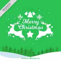 Free vector green merry christmas background with reindeer and landscape