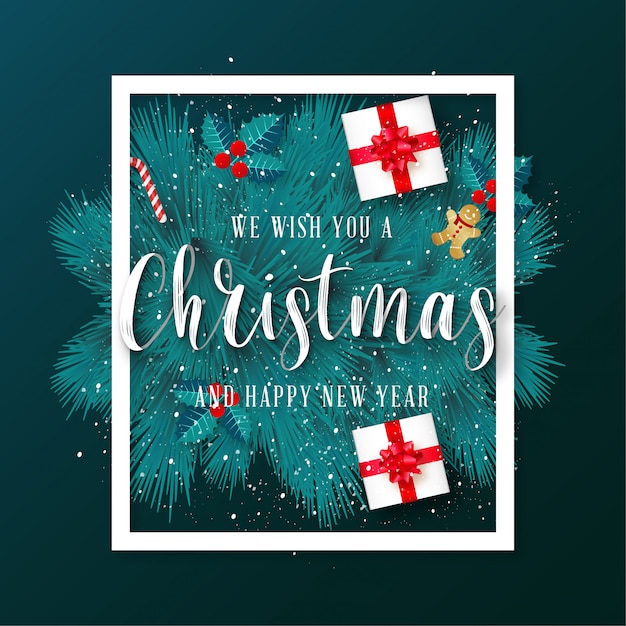 Green merry christmas greeting card with frame