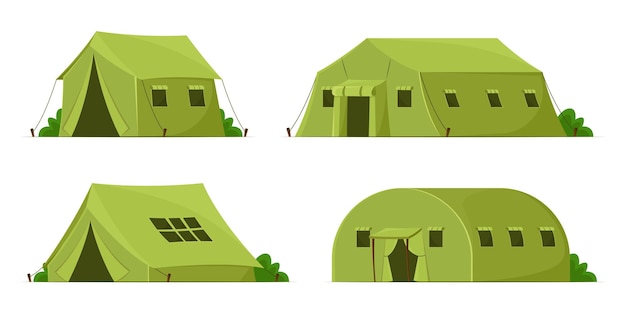 緑の軍のテント漫画イラストセット。白い背景で隔離の兵士や屋外レクリエーションのためのさまざまな形のキャンプテントやシェルター。陸軍キャンプのコンセプト