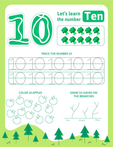 녹색 숫자 10 워크 시트