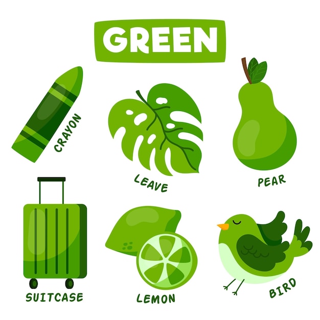 Green objects and vocabulary set in english