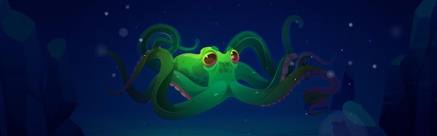 Green octopus swim in ocean water at night vector cartoon\
illustration of dark underwater sea landscape with giant marine\
animal squid with suckers on tentacles
