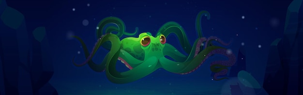 Green octopus swim in ocean water at night vector cartoon illustration of dark underwater sea landscape with giant marine animal squid with suckers on tentacles