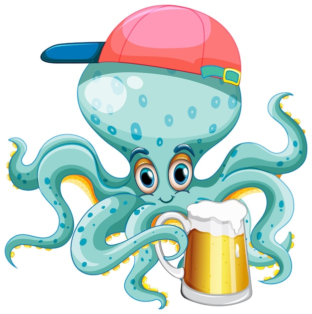 Free vector green octopus wearing cap drinking beer