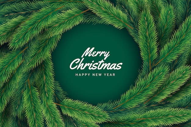 Free vector green pine branches and merry christmas lettering