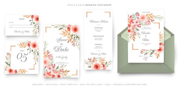 Green and pink wedding invitation card template, stationery set