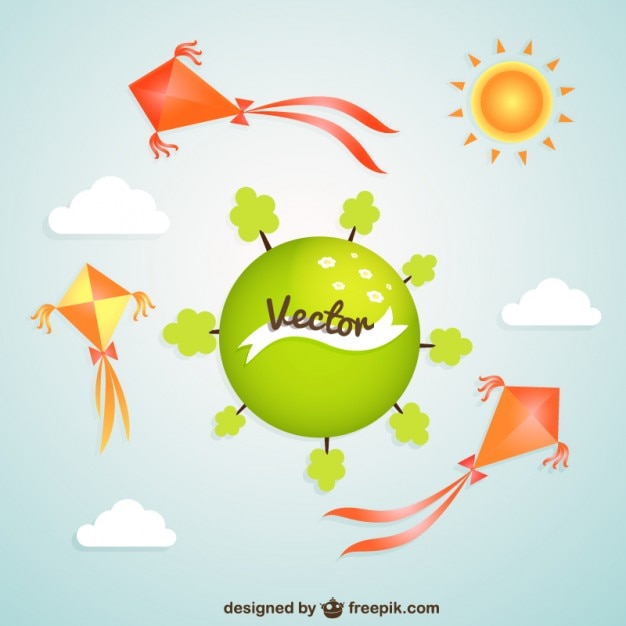 Free vector green planet with colorful kites