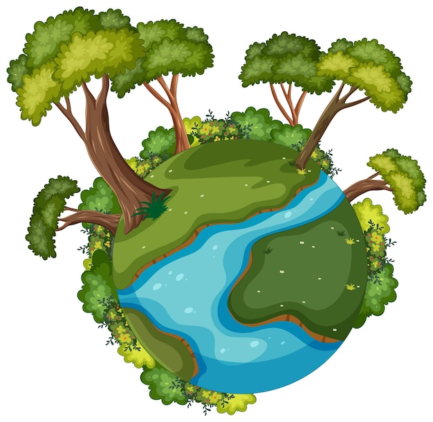 Green planet with trees and river