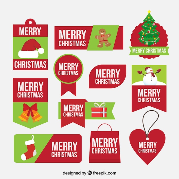 Green and red merry christmas labels