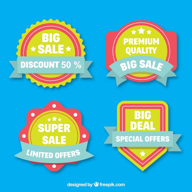 Free vector green and red sale badges with blue ribbons