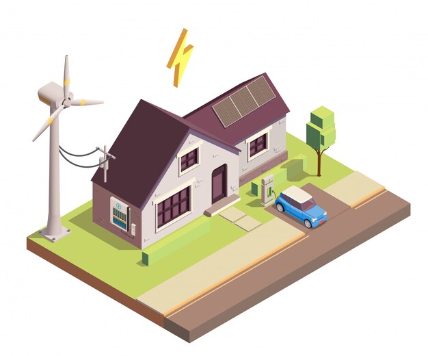 Green renewable energy production for home consumption isometric illustration