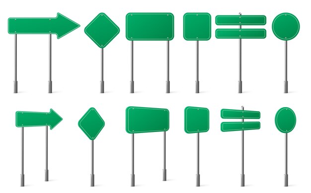 Green road signs different shapes on metal post front and angle view