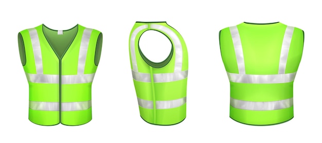 Gilet di sicurezza verde con strisce riflettenti, uniforme per operai stradali, lavori edili o autisti. gilet 3d realistico di vettore con catarifrangenti in vista posteriore lato anteriore isolato su priorità bassa bianca.