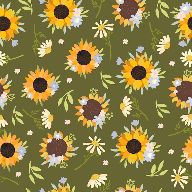 Green seamless pattern with sunflowers