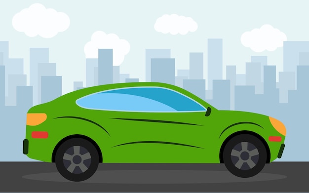 Green sports car in the background of skyscrapers in the afternoon.  vector illustration. Premium Vector