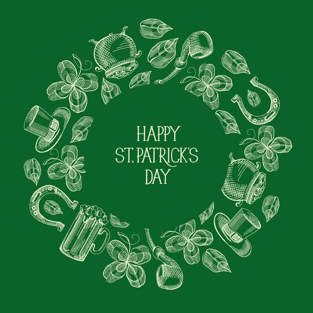 Green St Patricks Day round greeting card with inscription and hand drawn traditional symbols and elements vector illustration