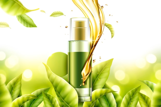 Green tea essence product with swirling serum liquid and leaves in 3d illustration