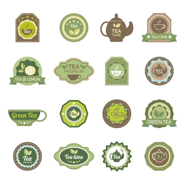 Green tea labels icons set