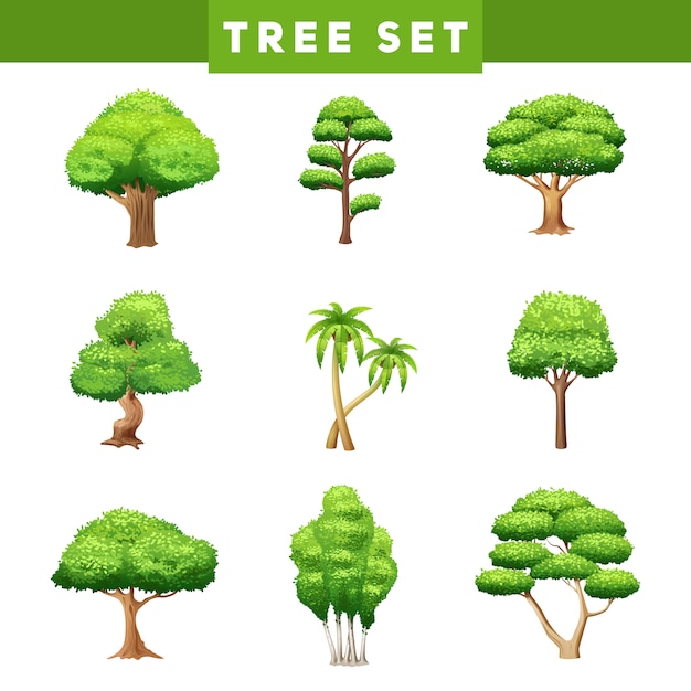 Free vector green trees flat pictograms collection with various foliage and crown shapes