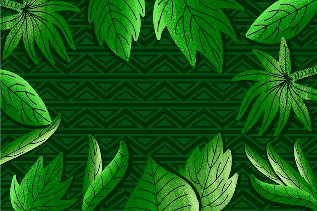 Зеленые тропические листья на фоне геометрических