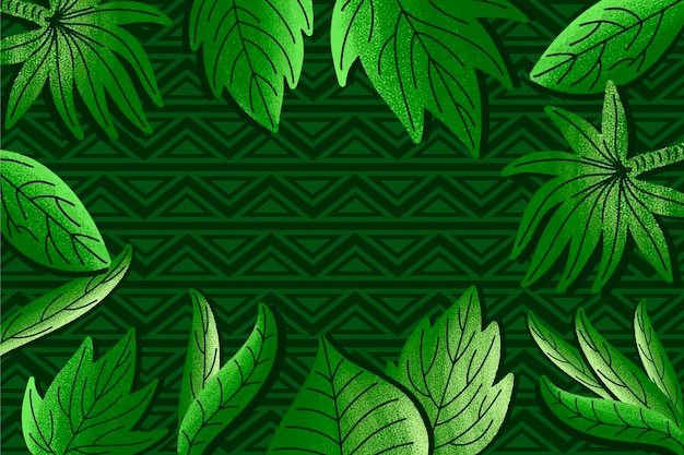 Green tropical leaves on geometric background