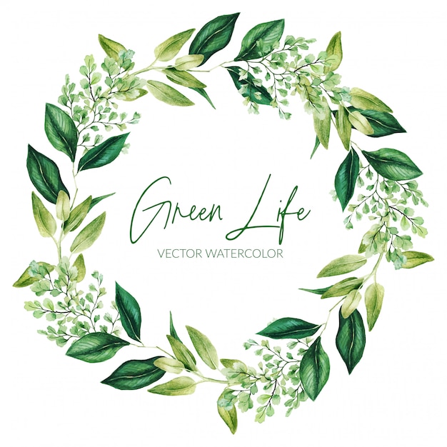 Зеленая акварель листья и ветви венок, рисованной Premium векторы