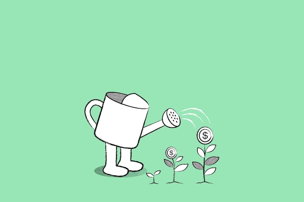 Free vector green watering can background vector with doodle business growth illustration